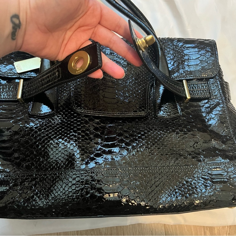 Coach Black Hampton Embossed Python Flap Tote - image 5